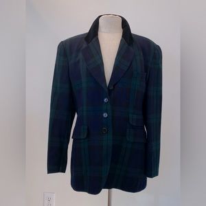 Ragalia Collection Womens Blue Green Wool Plaid Blazer Black Velvet Collar /12